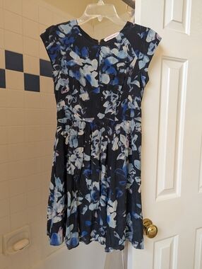 Rebecca Taylor Navy Cream Watercolor Floral 100% Silk Dress Size 2